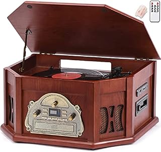 ORCC 10-in-1 Record Player, Nostalgic Turntable for Vinyl Record with Bluetooth, 2 Built-in Speakers, CD, Cassette, AM/FM Radio, USB, SD Slot, Remote Control