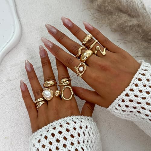 Chunky Gold Rings for Women Gold Baroque Pearl Rings Open Adjustable Pearl Ring Stacking Knuckles Rings Set Boho Prom Costume Jewelry3