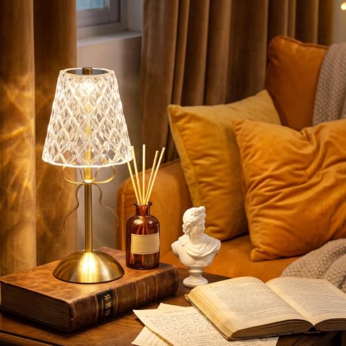 Image of Liliful 2 Pcs Cordless Table Lamp Rechargeable Touch LED Small Gold Portable Battery Operated USB-c Desk Lamp 3 Color Dimmable for Bedroom Living Room Dining (Gold,Diamond Style Bow)