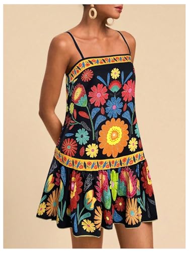 Image of RoseSeek Women's Floral Boho Flowy Mini Cami Dress Ruffle Hem Spaghetti Strap Vacation Tank Dresses