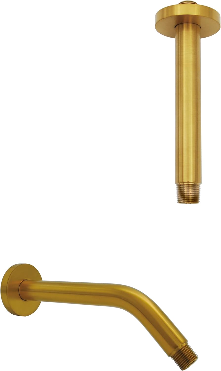 Aquaiaw Shower Arms Bundle, 8 inch Wall Mount and 8 inch Ceiling Mount Shower Arms, Both by Solid Brass, Both Round, Both Brushed Gold, Both with Anti-Scratch Flange, Soldered 1/2 NPT Tapered Threads