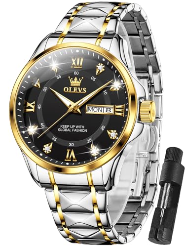 OLEVS Mens Black Watch Gold Sliver Stainless Steel Watches for Men Black Watch with Date Waterproof Mens Dress Watches Two Tone Roman Numerals Wristwatch Reloj para Hombre