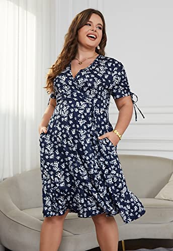Image of Keluummi Plus Size Summer Wedding Guest Midi Dresses for Curvy Women, Floral V Neck Party Sundress