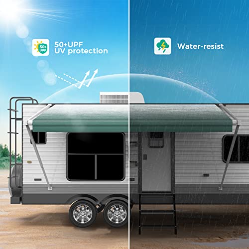 Fonzier 18Oz Rv Awning Fabric Replacement, Heavy Duty Vinyl, With Awning Tie Down Kits & 7 Awning Hooks & Pull Strap For Trailer Camper Awning- 15'(Fabric 14'2"), Green Fade #TOP7