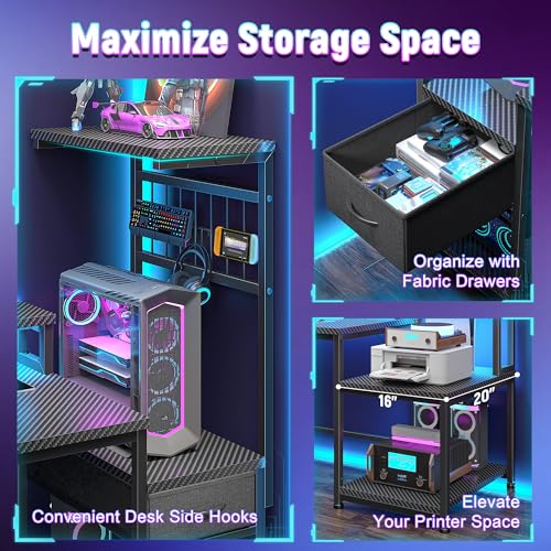 Image of DurayLoly 55 inch Gaming Desk with LED Lights & Outlets,Computer Desk with Drawers & Monitor Stand,Gaming Table with 3 Storage Shelves, Hooks& Printer Space for Game&Study Room,Home Office,Bedroom,Black
