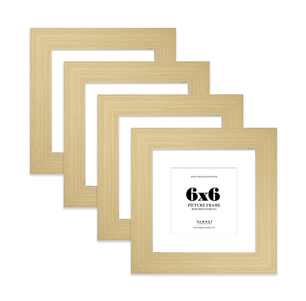 6x6" Gold Square Frame With Mount for 4x4" Pictures 28mm Edge Frame Display with Wall Hooks and Kickstand, 4 Pack