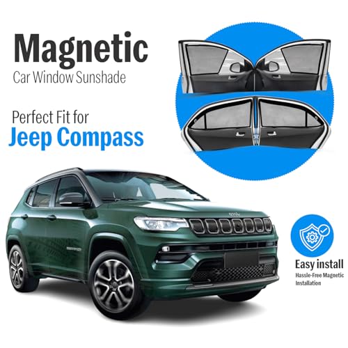 Image of Autofact Magnetic Car Sunshades Compatible with Jeep Compass (Set of 4) - Easy Installation, UV Protection, Keeps Car Cool (Front 2 Half-Cut for Side Mirror Visibility, Rear 2 with Zippers)