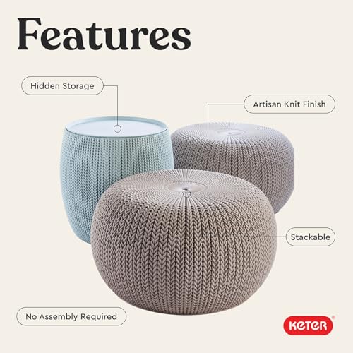 Image of Keter Urban Knit Pouf Ottoman Set of 2 with Storage Table for Patio and Room Decor - Perfect for Balcony, Deck, and Outdoor Seating, Misty Blue & Taupe