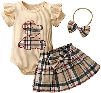 Infant Baby Girl Clothes Outfits Ruffle Short Sleeve Bear Embroidered Pattern Romper Plaid Skirt Headband 3pcs Outfits Set
