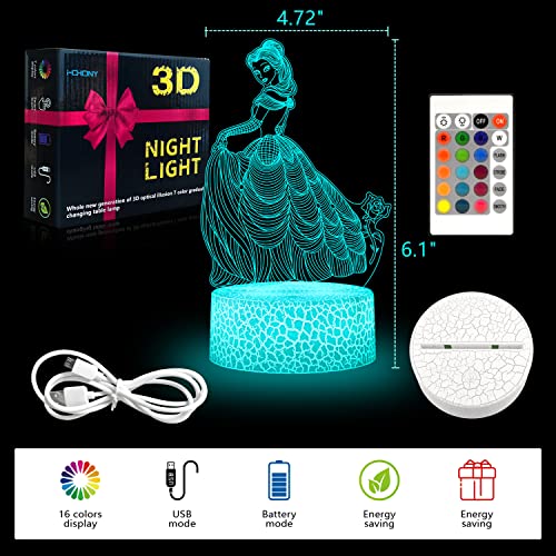 Image of i-CHONY Princess Gift Night Light for Girls, 3D Illusion Lamp with Remote & Smart Touch, 16 Colors Dimmable Bedroom Decorations, Kids Teens Birthday Gift