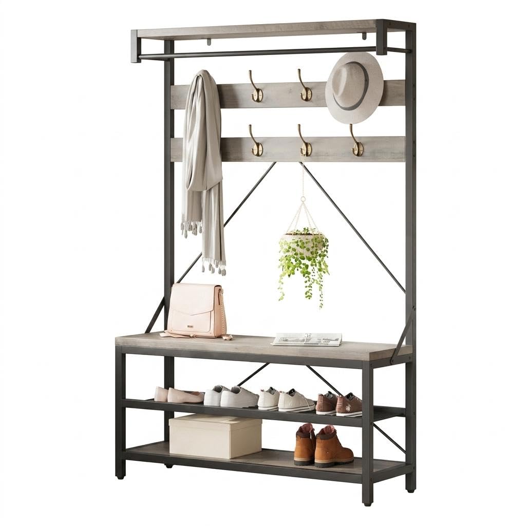 Industrial Garderobe mit Sitzbank & Schuhablage – Flurgarderobe/Hall Tree, 8 Haken, Kleiderstange, Ablage, Metallrahmen in Holzoptik, Farbe: Grau