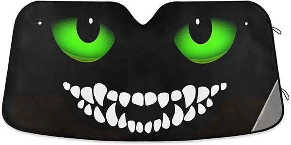 Oarencol Animal Cat Smile Green Eyes Black Car Windshield Sun Shade Foldable UV Ray Sun Visor Protector Sunshade to Keep Your Vehicle Cool (55" x 27.6")
