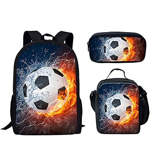 Set di 3 zaini per bambini con stampa di calcio e acqua borsa per la scuola + portapranzo isolato + astuccio Acqua Fuoco Socc Taglia unica Zaini Daypack