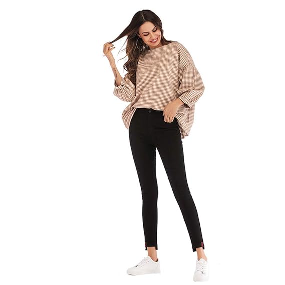 Buy XuBa Autumn Winter Female Round Neck Oversize Fashion Puff Sleeve Loose  Plaid T-shirt apricot M at Amazon.in