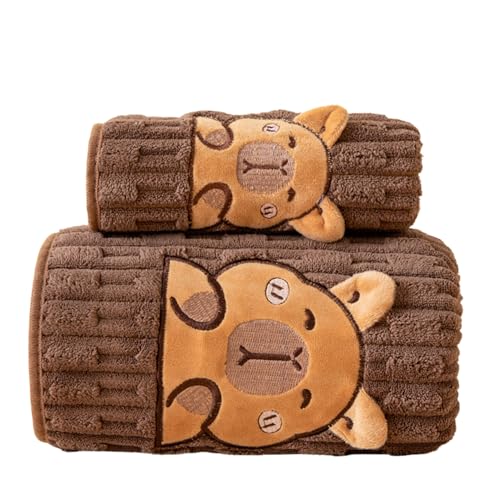 Capybara Bath Towels Set of 2, 27.5x55 Inch Super Soft Coral Fleece Bath & Hand Towels, Plush Absorbent Cartoon Towels for Kids Adults, Skin-Friendly & Machine Washable, Family Bathroom Essentials