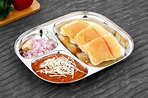 Image of Vinod Stainless Steel 3-Compartment Plate /Heavy Guage Pav Bhaji Plate /Idli Sambhar Breakfast Plate /Stainless Steel Plates for Lunch /Dinner, Set of 01