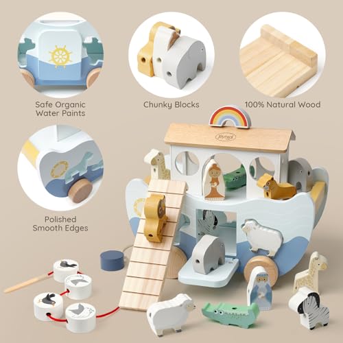 Image of Joyreal Wooden Noah's Ark Toy for 1 Year Old Baby Boy and Girl Baptism Gift - Neutral Color Montessori Educational Toy with Animal Shape Sorter - Christian Toys for Toddler 1-3 Christmas Birthday Gift