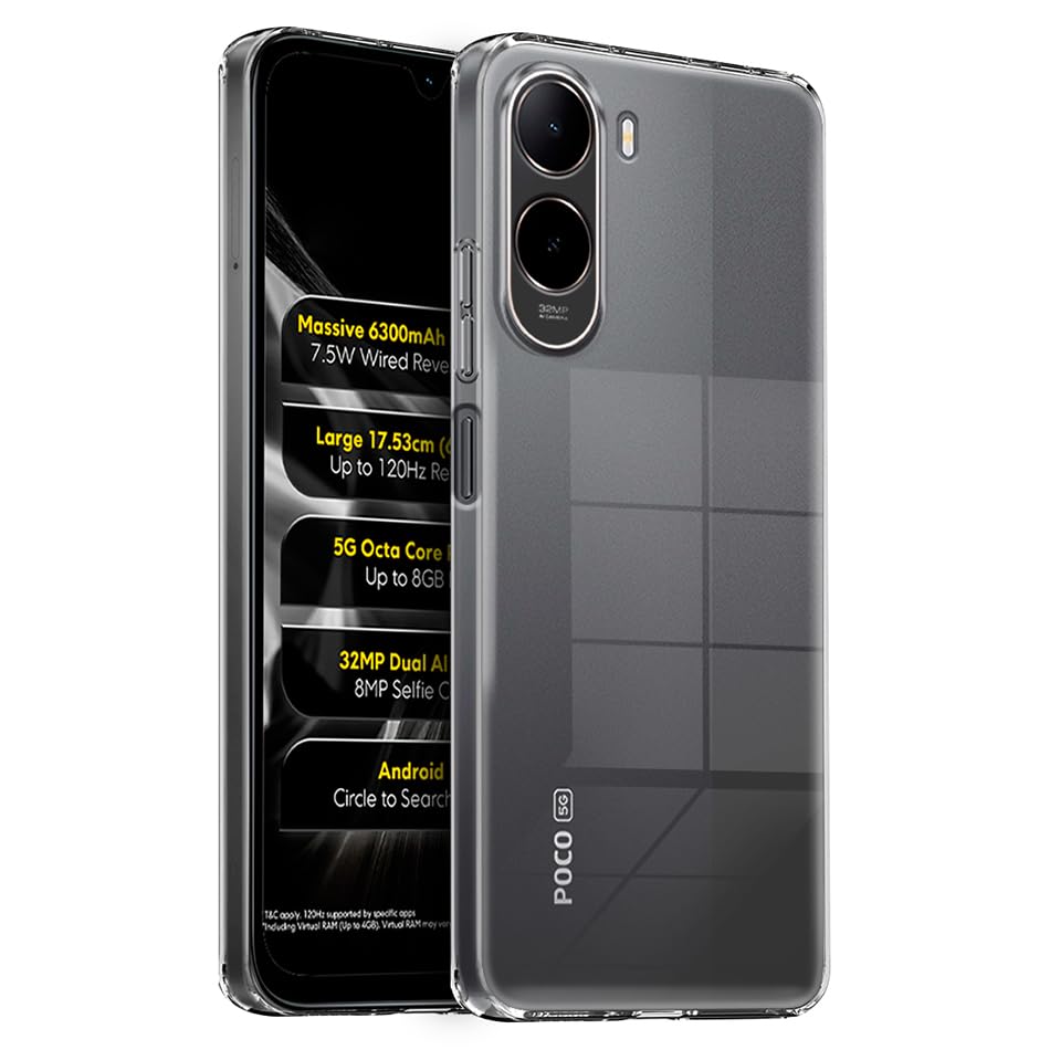 Image of Fashionury Shockproof Crystar Clear Back Case Cover for Mi Redmi A7 Pro 5G / Poco C85X 5G | Transparent Back Case | Raised Bumps for Camera & Screen Protection