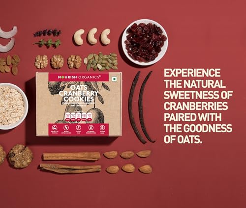 Image of Nourish Organics Oats Cranberry Cookies | Wholesome Cookies with Cranberries & Walnuts | Made with Oats, Coconut Jaggery & Seeds | High Fibre Snack | No Refined Sugar | 120g (Pack of 2)
