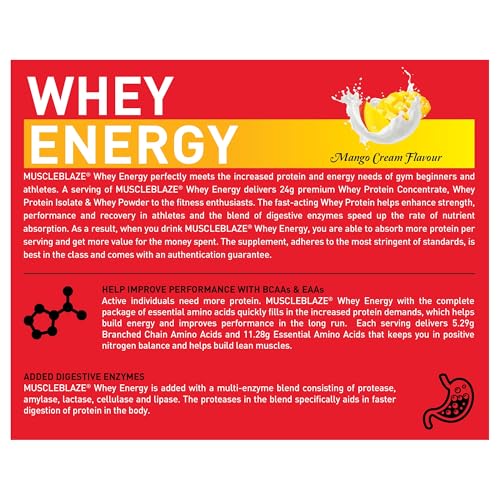 Image of MuscleBlaze Whey Energy (Mango Cream, 1kg / 2.2lbs) | 24g Protein, 100% Whey Protein Blend, Added Digestive Enzymes