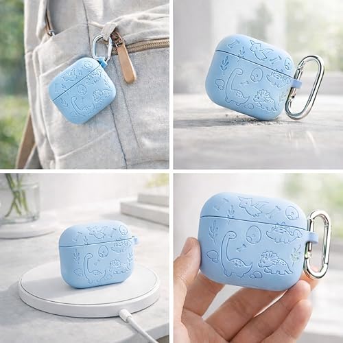 Image of Emoh Roced Case for Airpod 4 with Keychain,Silicone Dinosaur Engraved Cases Compatible with Apple AirPods 4th Generation 2024, Anti-Scratch, Protective Case Cover (Sky Blue, for AirPods 4)