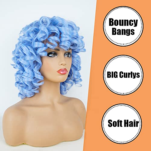 Phoenixfly Short Afro Curly Wigs For Black Women Loose Curly Fluffy Shoulder Length Natural Looking Hair Wigs Heat Resistant Hair Replacement Wigs With Wig Caps (Blue) #TOP2
