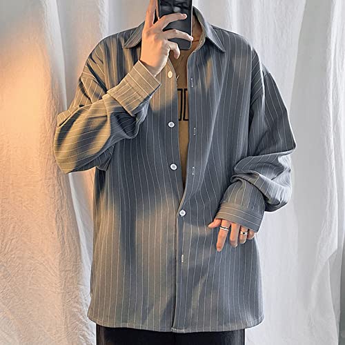 DGHM-JLMY Men's Handsome Long Sleeve Joker Striped Shirt Casual Loose Fit Button Down Classic Vertical Striped Shirt2