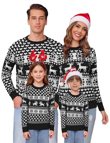 Image of Totatuit Family Matching Christmas Sweater Round Neck Reindeer Snowflakes Ugly Knitted Sweater Pullover for Men Women