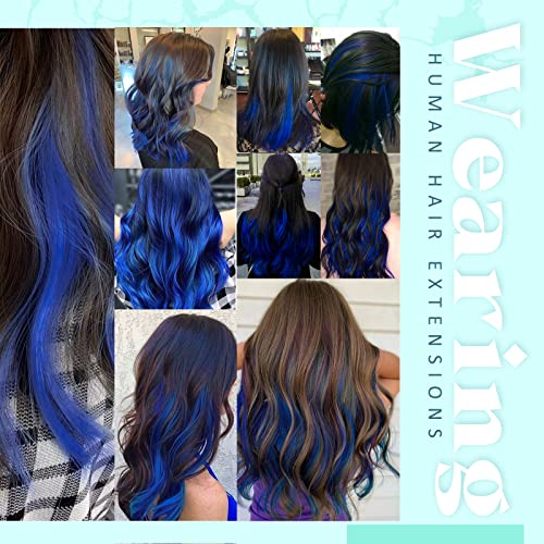 RUNATURE Blue Hair Extensions Clip in Hair 16 Inch Clip in Blue Hair Extensions Real Human Hair 5PCS 25gram - Image 2
