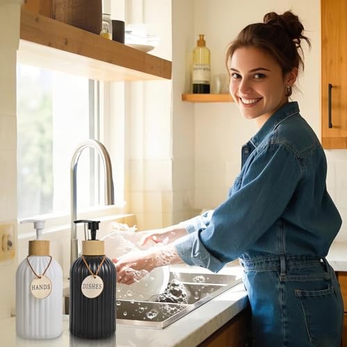 Image of 2 Pack ViserVita Glass Hand Soap Dispenser Set with Bamboo Pump, Elegant Refillable Liquid Dish Soap Dispenser, Perfect for Kitchen Sink and Bathroom Decor