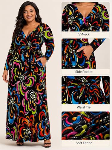Image of PinkPatty Women's Long Sleeve Maxi Dress Plus Size Trendy Wedding Guest Dress with Pockets&Belt