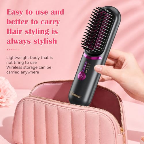 Image of Hatteker Cordless Hair Straightener Brush, Portable Hair Brush for Travel | Straightening Brush Cordless with 3 Temperature Settings, Mini Ionic Hot Comb Straightener for Women (Black)