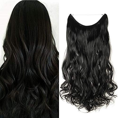 24 Pouces Extension Fil Invisible Cheveux Noir Foncé Rajout Cheveux Ondulé Wire In Hair Extension Synthetique Sans Clips Sans Colle