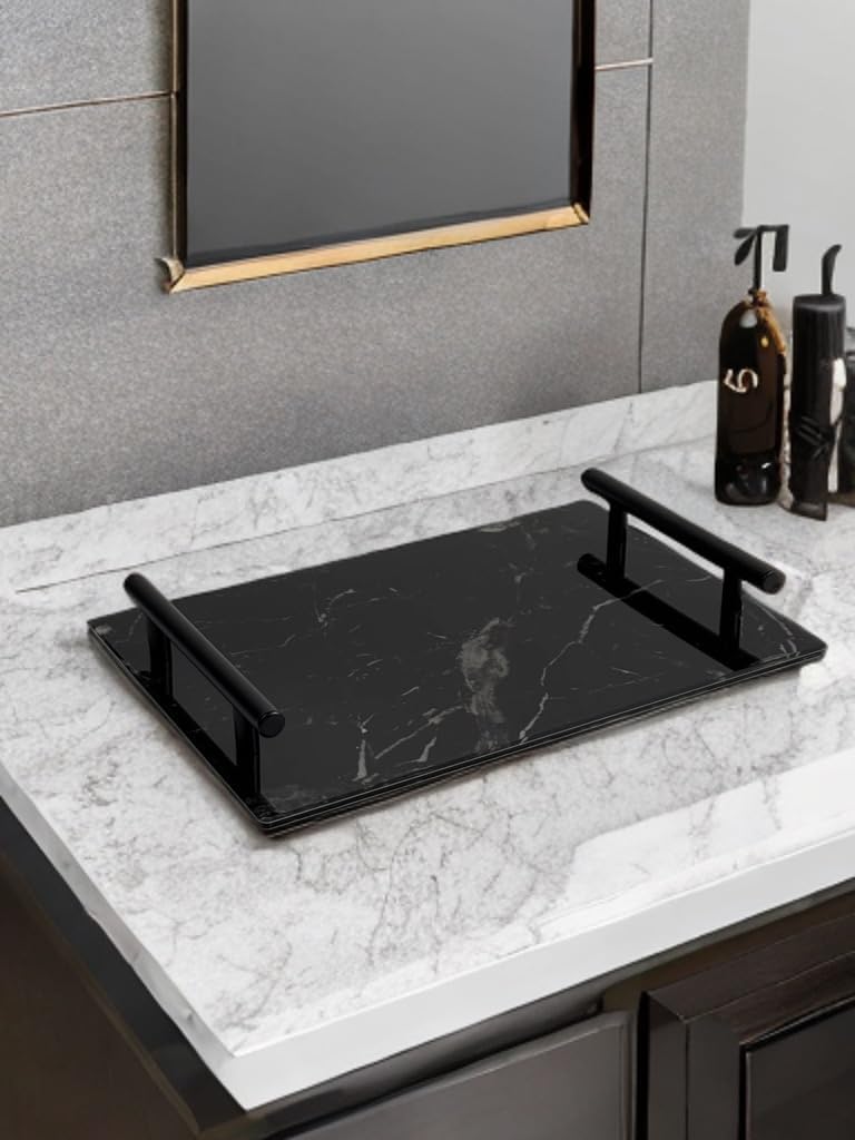 Acrylic Marble Serving Tray with Metal Handles - Black Large Size
