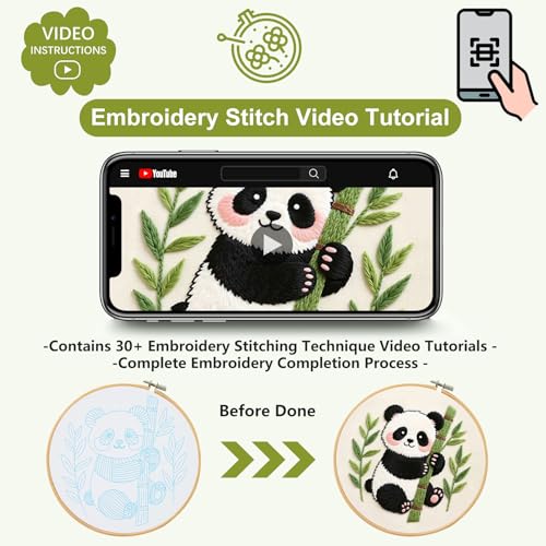 Image of Santune Beginners Embroidery Kit for Adult Needlepoint Cross Stitch Kits Needle Point Sets with Panda Embroidery Patterns, Includes Step-By-Step Instructions and Accessories
