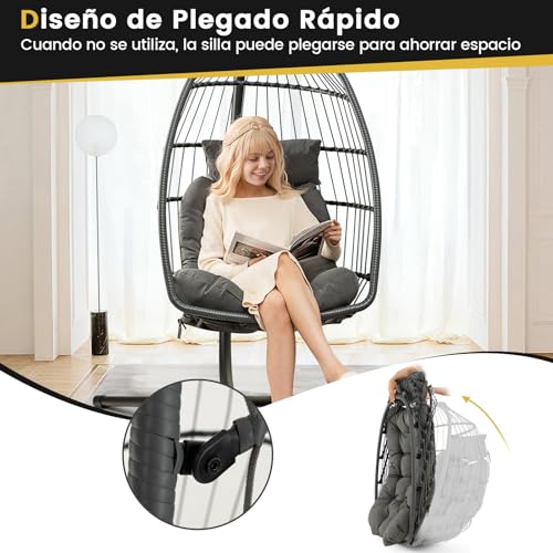Silla colgante tipo huevo con cojín columpio plegable de exterior e interior para 150kg 6
