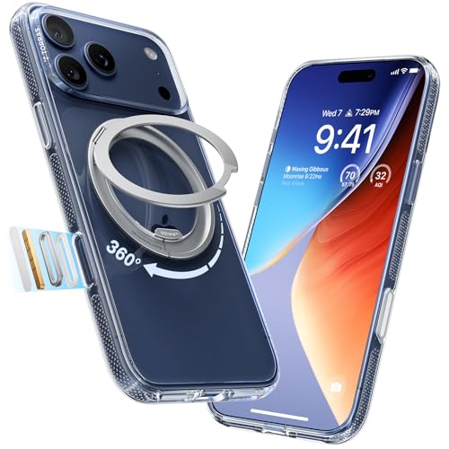 Image of TORRAS 360 Magnetic Stand for iPhone 17 Pro Case, [Fit for MagSafe] [Rotatable Ring Kickstand] [4X Mil-Grade Shockproof] Slim Phone Cover, Camera Button, Crystal Clear, Transparent, Ostand O3 Fitness