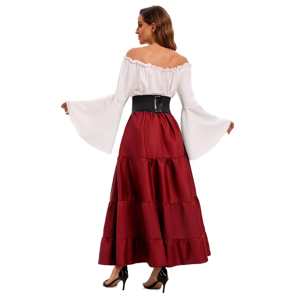 Feynman Robe médiévale rétro pour femme avec manches trompette - Reine victorienne médiévale Renaissance gothique - Robe maxi pour carnaval, Halloween, fête