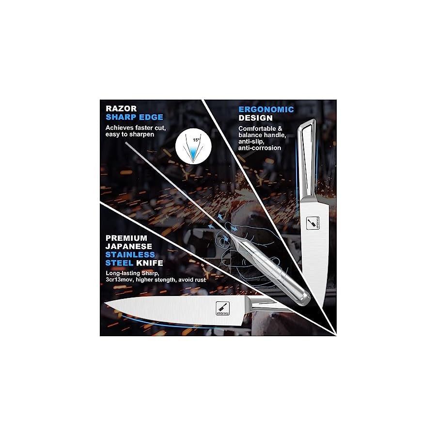 Knife Sets for Kitchen with Block imarku G14 Japanese Knife Set Stainless Steel Kitchen 14pcs, Built-in Sharpener, Sharp Knife Set with Non-slip Ergonomic Handle - Dishwasher Safe, Home New Year Gifts