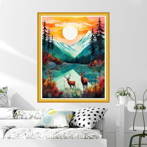 Image of DMCVIVR Stamped Cross Stitch Kits for Beginners Adults Needlepoint Kits for Beginners Embroidery Kits for Adults Crossstitch Kit for Beginners 11CT-Early Morning elk 16x20 inch, ArtKits36