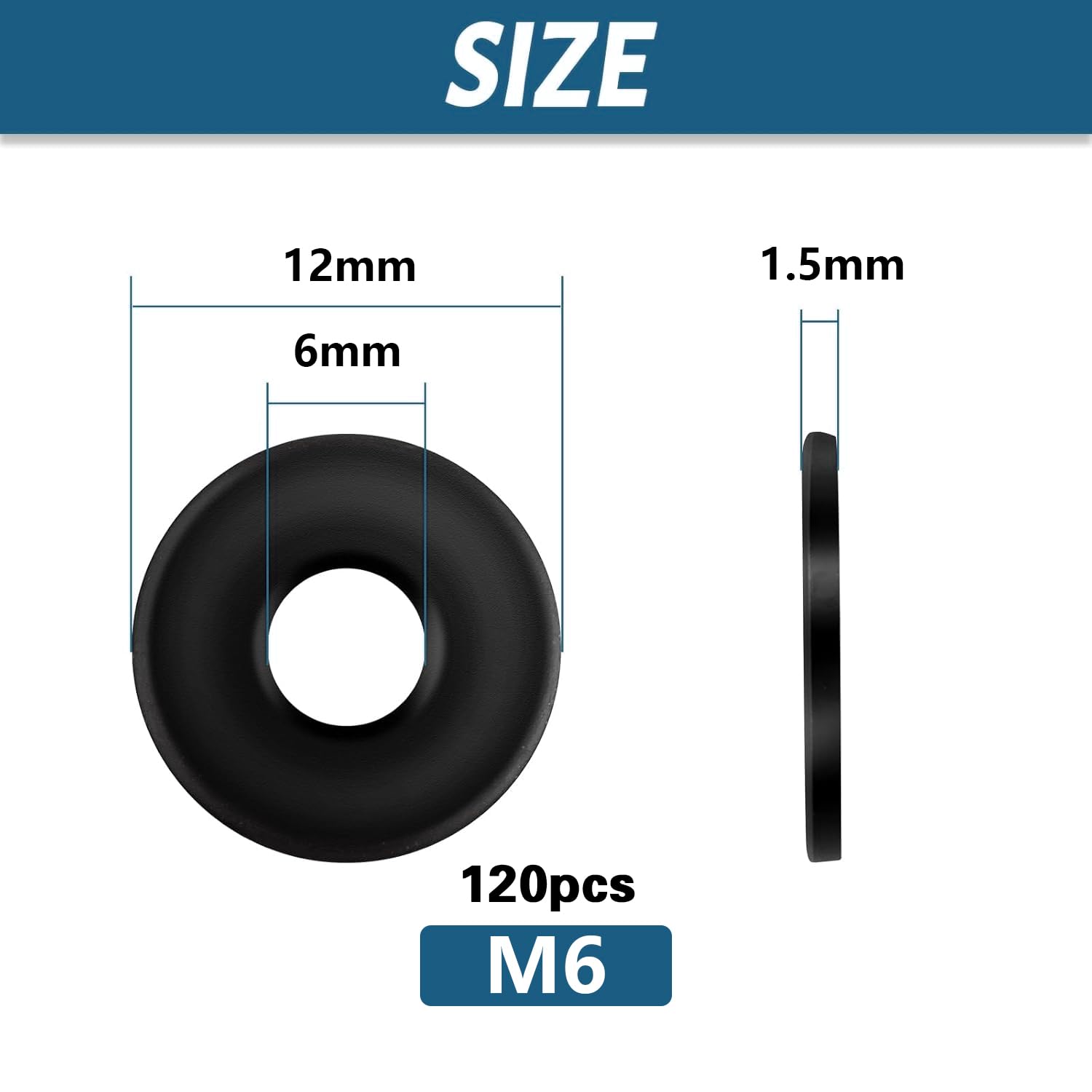 Rondelle M6 Piatte x 12 mm, Assortimento di Rondelle Alzaporta in Acciaio al Carbonio, Guarnizioni Distanziali Nere per Viti Barra Filettata