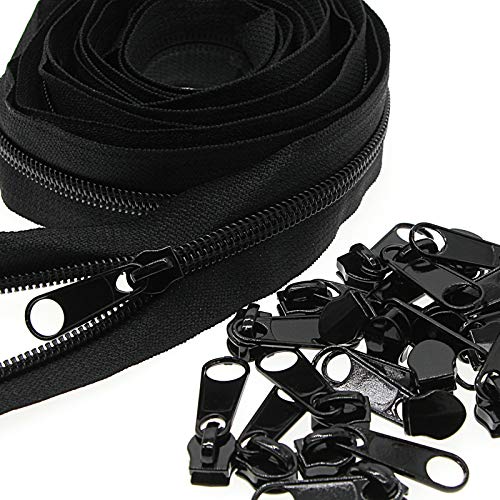 Leekayer #5 Black Nylon Coil Zippers by The Yards Bulk 10 Yards with 25pcs Black Sliders for DIY Tailor Sewing Craft,Luggage,Dress,Sofa Cushion,Pillow,Bag(Black)