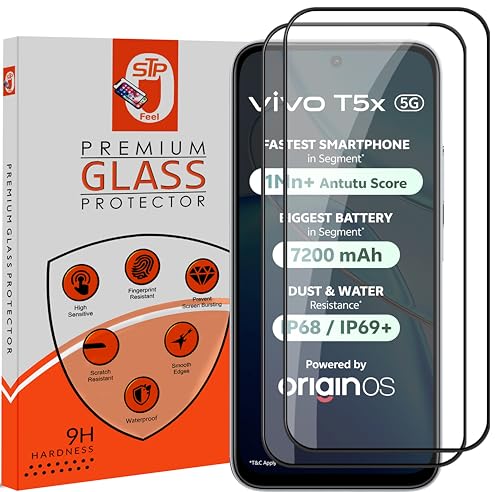 Image of STP FEEL Premium Tempered Glass Screen Protector Guard Compatible For Vivo T5X 5G (6.72 Inch, Pack of 2) | Edge to Edge Coverage With Easy to installation kit for Smartphone