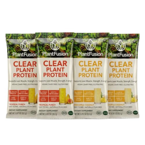 Image of PlantFusion Clear Protein Powder Sample Pack - Vegan Pea Protein Peptides Drink Mix to-Go - 12g Protein, Low Calorie, Zero Sugar, Gluten Free (4 Packets - 2 Tropical Punch + 2 Pineapple Coconut)