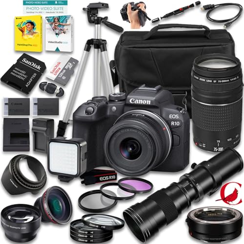 Canon EOS R10 Mirrorless Camera with 18-45mm f/4.5-6.3 is STM and 75-300mm f/4-5.6 & 420-800mm f/8 Lens + Mount Adapter EF-EOS R + 128 GB Memory + More (35pc Bundle)