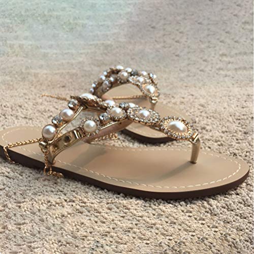 Image of Women's Rhinestone Flat Sandals, Women Flip Flops with Clip Toe RingBeadeed Rhinestone Crystal Jeweled Sandal Shoes for Summer Beach Oceanside Holiday Outdoor
