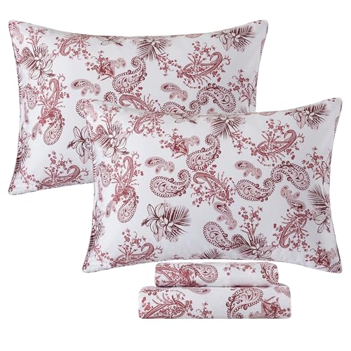 Image of FADFAY Twin XL College Bedding Red Paisley Sheets Extra Long Dorm Room Essential Bedding 100% Egyptian Cotton Soft Breathable Sheets Exotic Tropical Floral French Country Vintage Farmhouse Sheet 4Pcs