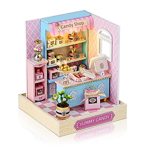 Cuteefun DIY Wooden DollHouse Kit, DIY Miniature Doll House Kits with Furniture and Dust Cover