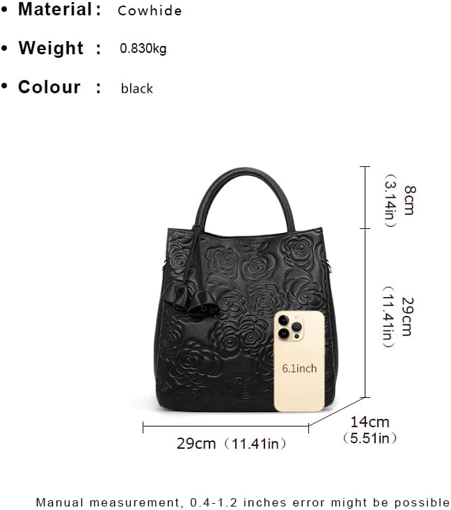 Genuine leather cowhide women's handbag rose camellia embossed large capacity detachable shoulder strap storage tote bag - Image 4