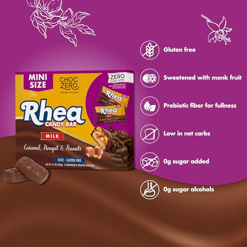 ChocZero Milk Chocolate Caramel Peanut & Nougat Candy Bars, No Added Sugar, High Fiber, Gluten Free, Keto Friendly Mini Rhea Bars (0.5 Ounce Each, 15 Count Box)